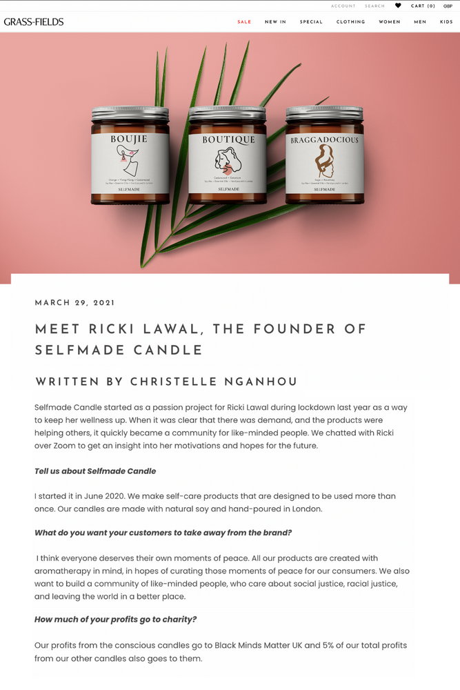 Grass-Fields features Selfmade Candle in an interview called "Meet Ricki Lawal, the Founder of Selfmade Candle"