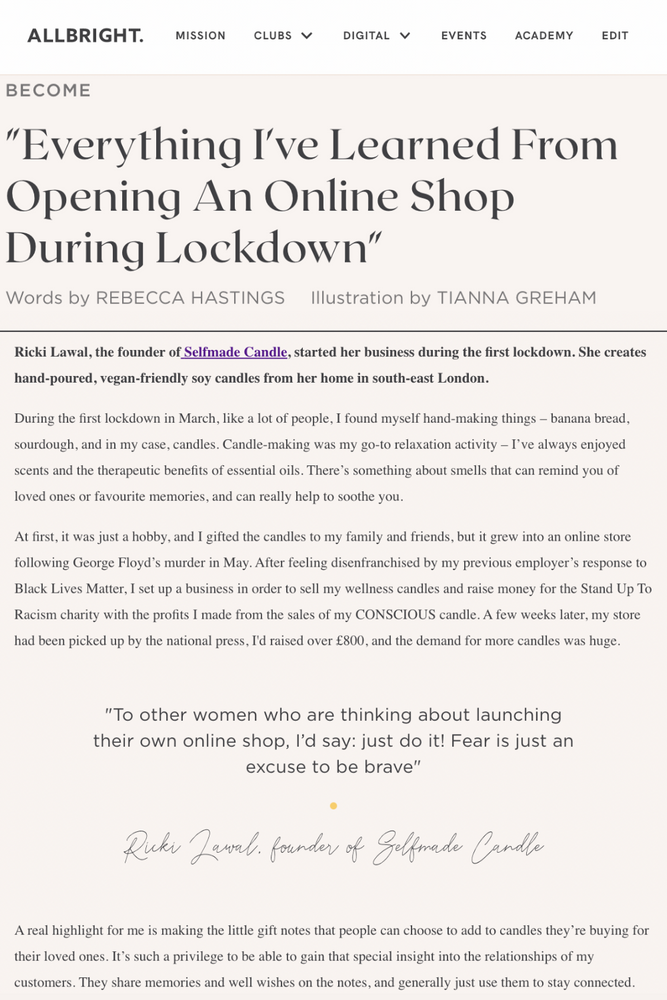 Selfmade Candle founder Ricki Lawal featured in AllBright's article about "Everything I've Learned From Opening An Online Shop During Lockdown"
