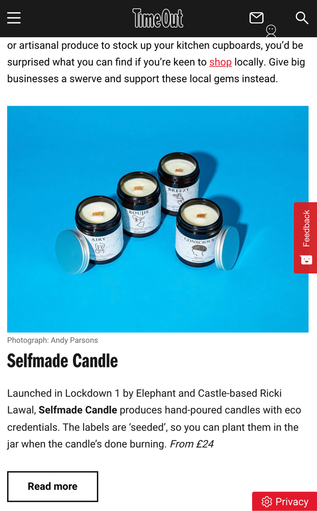 Selfmade Candle featured in Time Out London makers: local businesses making beautiful things in the city